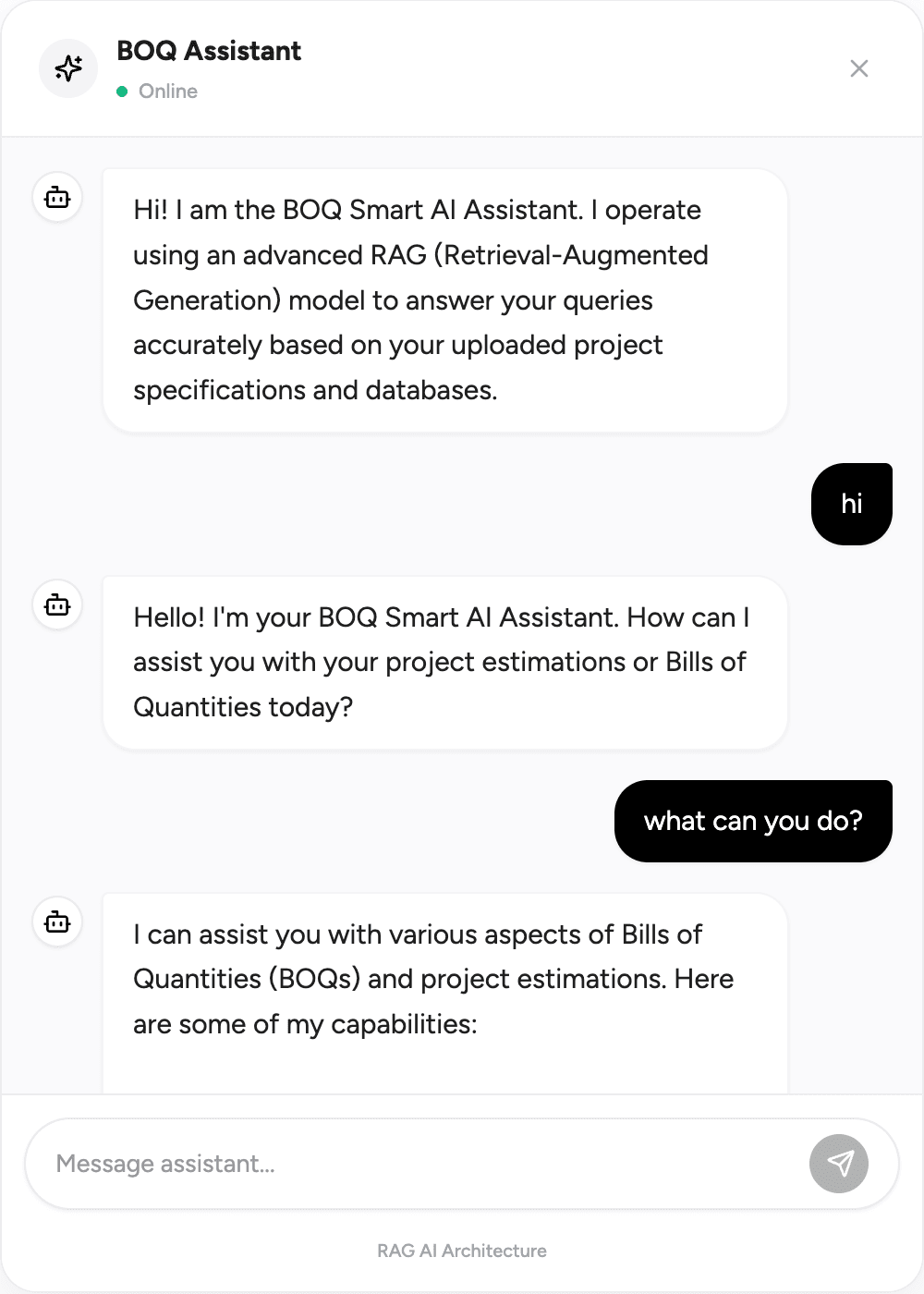 BOQ Assistant chat screenshot with project-aware messages